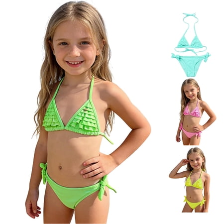 XIYON Toddler Kids Girls Swimsuit 2 Piece Sleeveless Halter Neck Solid Color Layered Ruffle Top And Bottoms Comfortable Swimwear For Beach Pool Party Green 11-12 Years