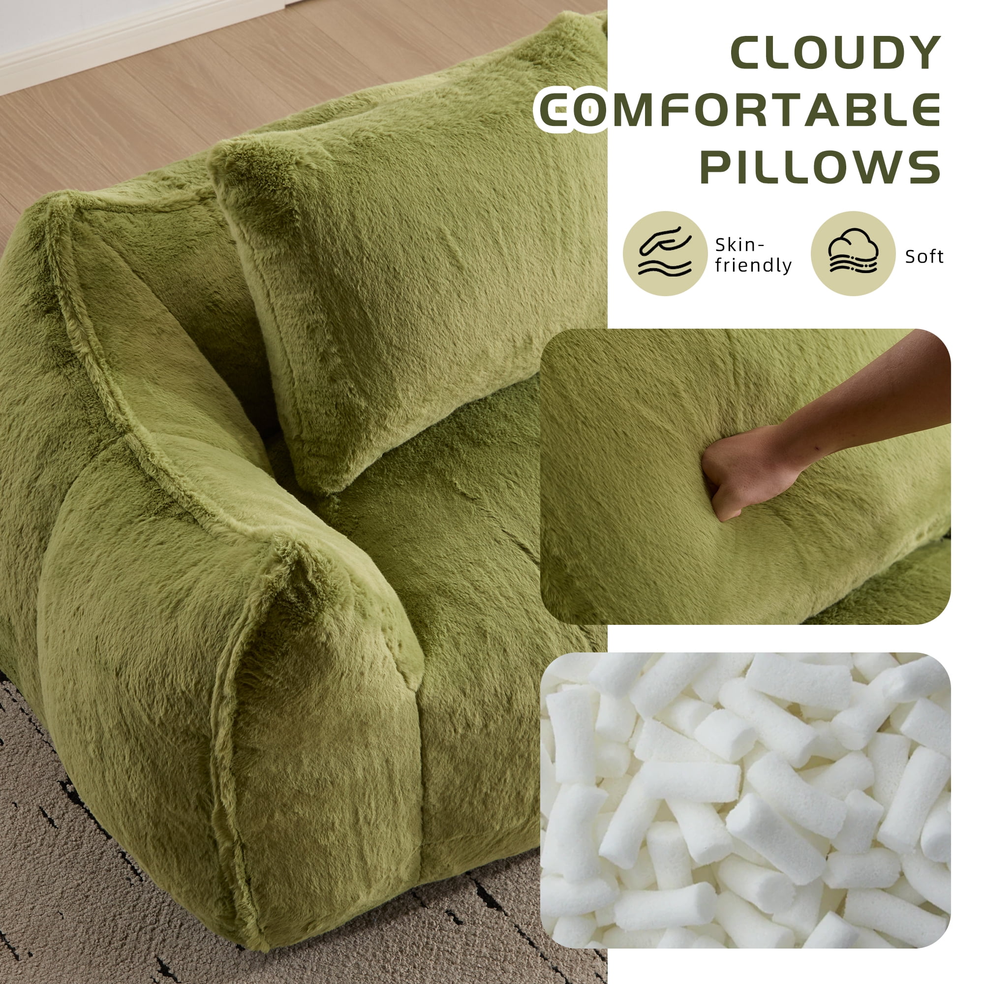 FFH Bean Bag Chair for Adults, 75" Oversized Loveseat Bean Bag Sofa with 2 Pillows, Lazy Sofa Reading Chaise Lounge Couch for Living Room, Bedroom, Green