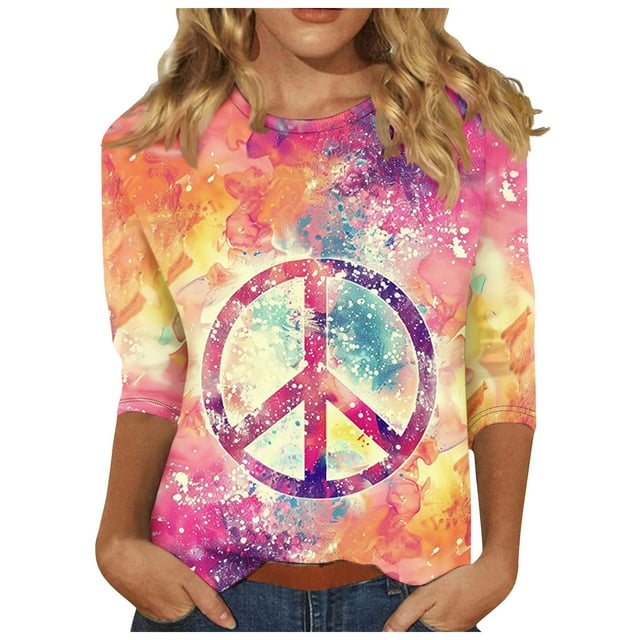 Staron Liquidation T-Shirts Décontractés pour Femmes à Manches 3/4 Col Rond T-Shirts Graphiques Teinture sur Nœuds T-Shirts Décontractés Basiques Tuniques Hauts Habillés Décontractés