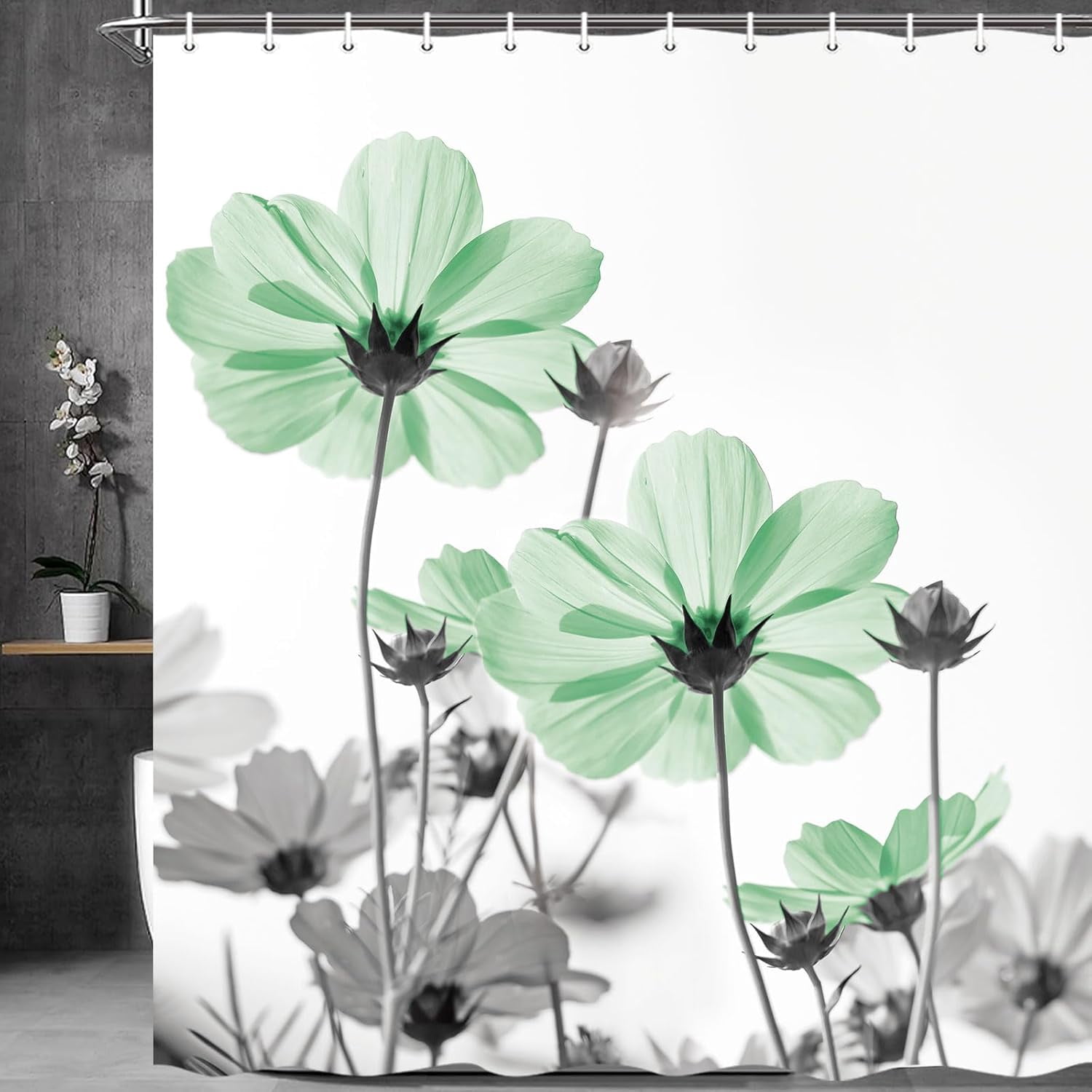 Watercolor Floral Shower Curtain, Sage Green Flower Shower Curtains for Bathroom, Modern Minimalist White Grey Rustic Farmhouse Fabric Shower Curtain Set with Hooks, 72X72in