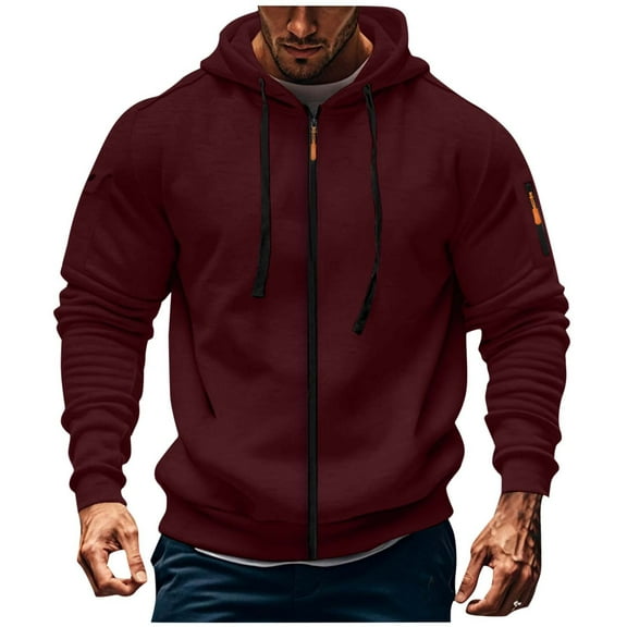 KeShDi Mens Hoodies Fleece Hoodie Men Solid-Color Fashionable Pocket Zipper Drawstring Casual Sports Long Sleeve Cardigan Hooded Sweatshirt Wine S