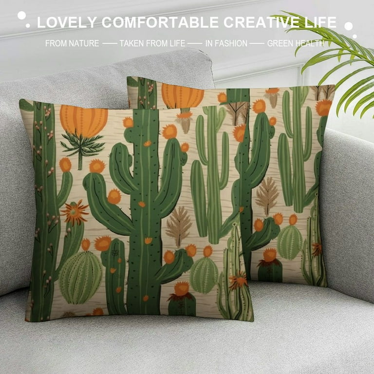 COMIO Cactus Pillow Covers Decorative Green Succulent Cactus and Orange Flowers Square Pillow Case for Men Women Light Green and Orange