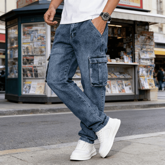 Men's Medium Wash Straight-Leg Cargo Jeans - Stretchy Denim Pants with Utility Pockets, Casual Daily Jeans for Men, Durable Comfortable Trousers
