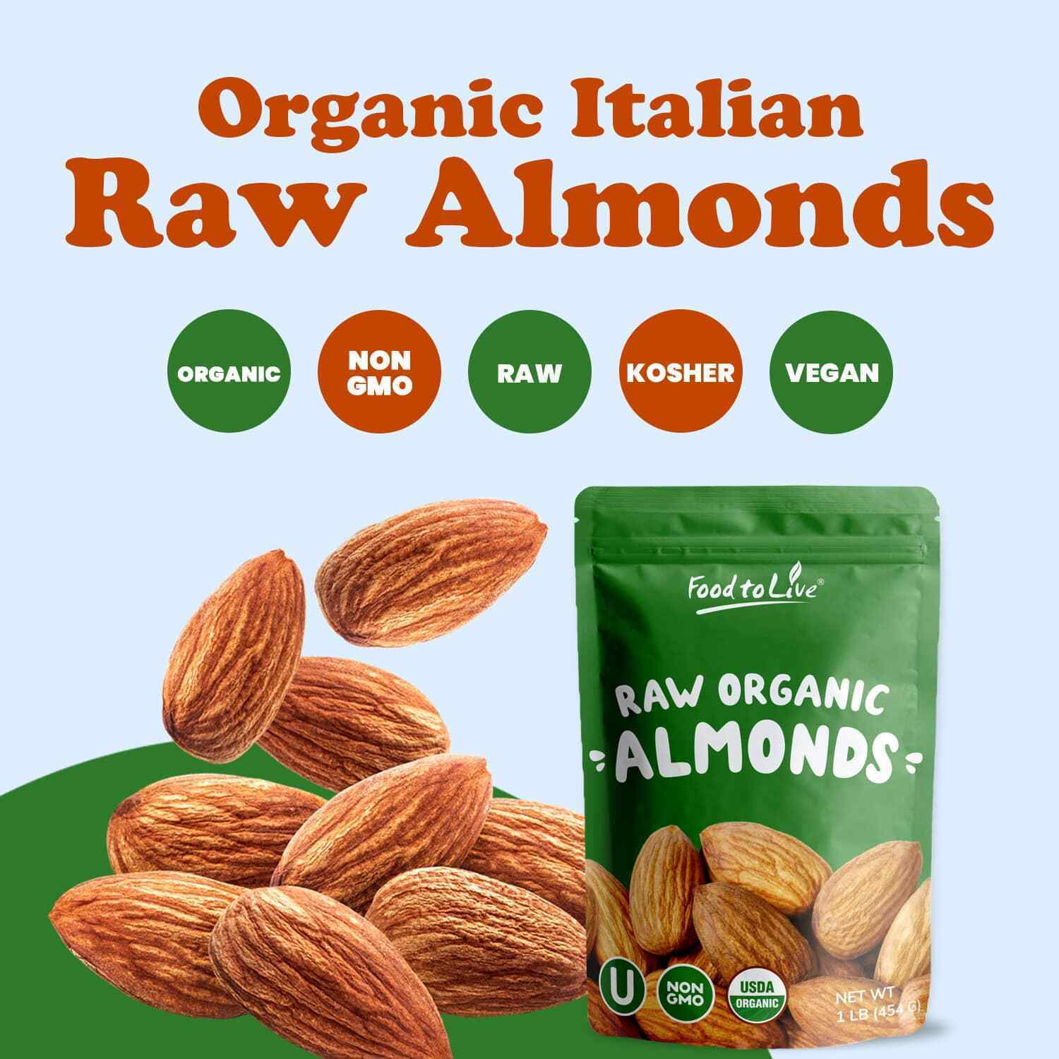 Organic Imported Raw Almonds, 2 Pounds - Non-GMO, Kosher, No Shell, Whole, Unpasteurized, Unsalted, Raw, Vegan - by Food to Live