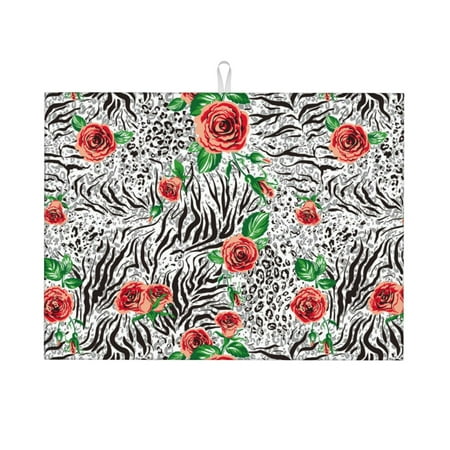 

Qekee Roses Mixed Zebra 1 Print Dish Drying Mat Dishes Drainer Mat for Kitchen Counter Microfiber Absorbent Dish Draining Reusable Washable Draining Racks Extra Large 18 x24