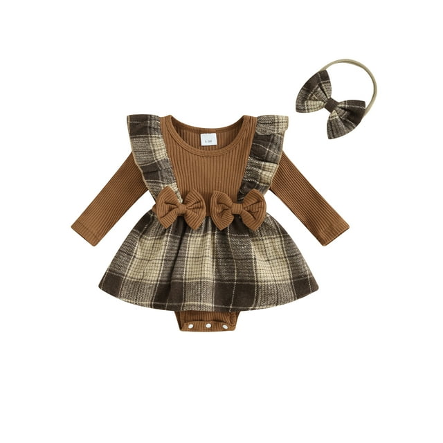 Gupgi Nouveau-Né Bébé Filles Automne Robe Romper Bébé à Manches Longues Houndstooth Impression Patchwork Combinaison Bandeau