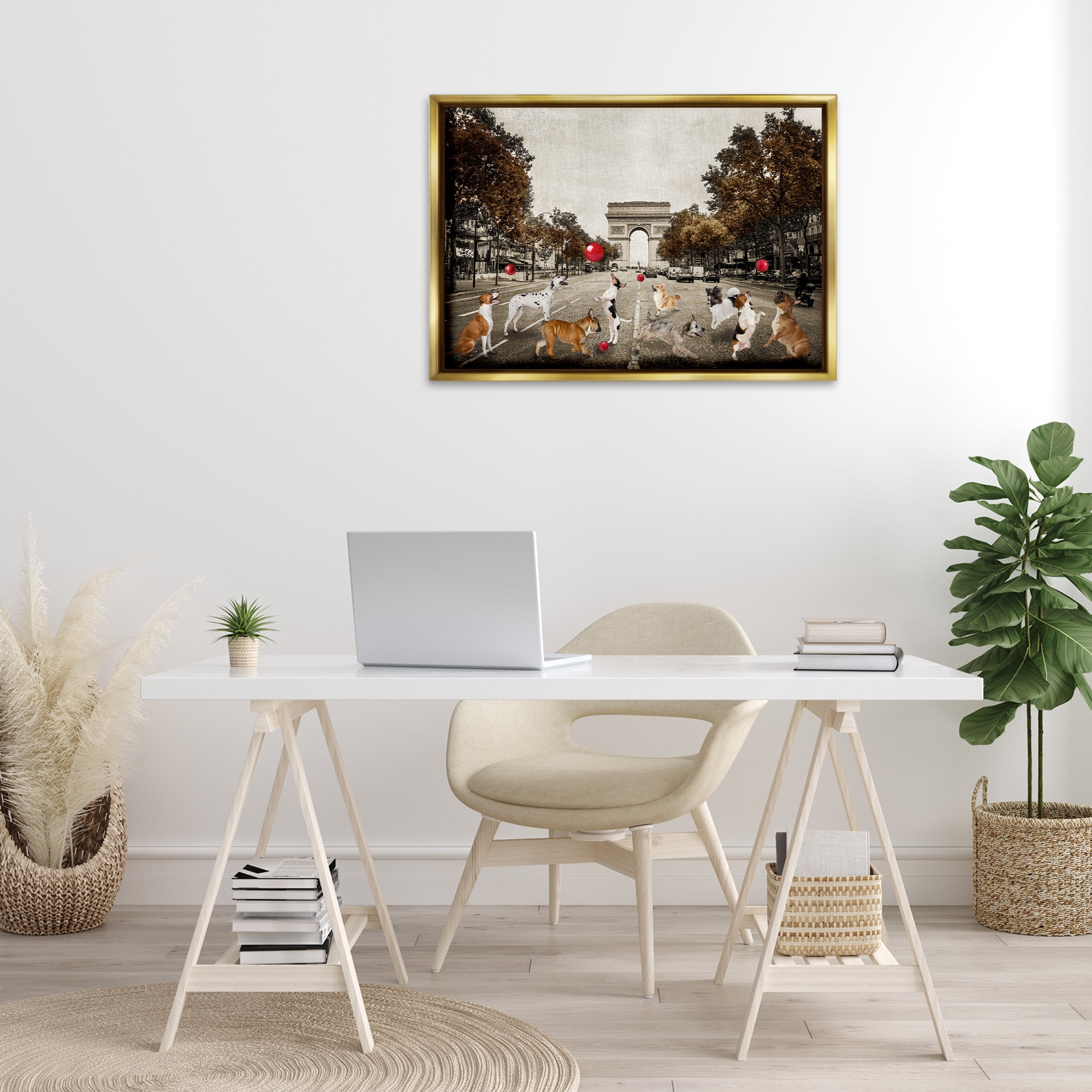 Stupell Industries Dogs Playing Among Architecture Animals & Insects Painting Gold Floater Framed Canvas Art Print Wall Art, 31 x 21