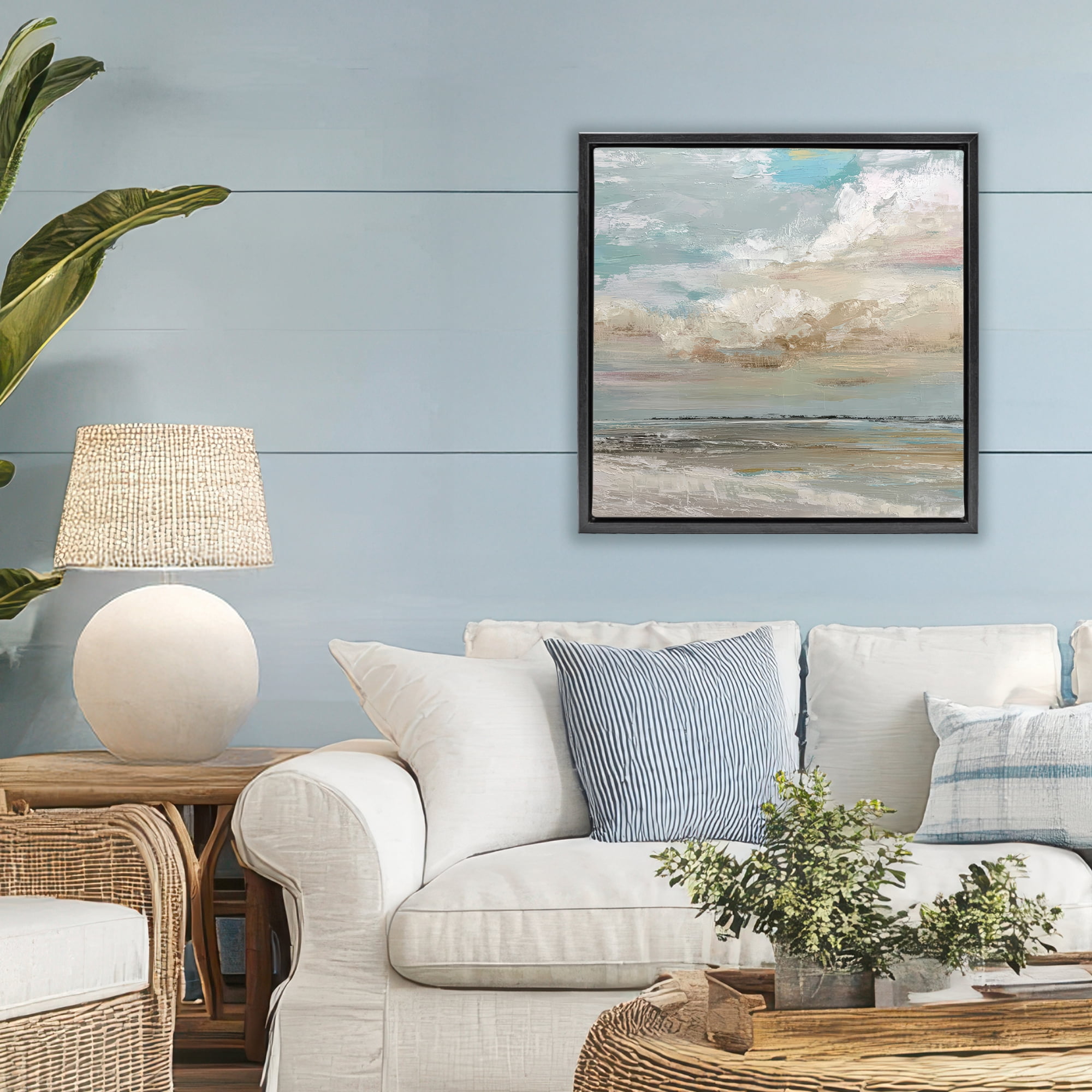 Stupell Industries Cloudy Beach Brushstrokes Black Framed Floater Canvas Wall Art, design by Kim Curinga