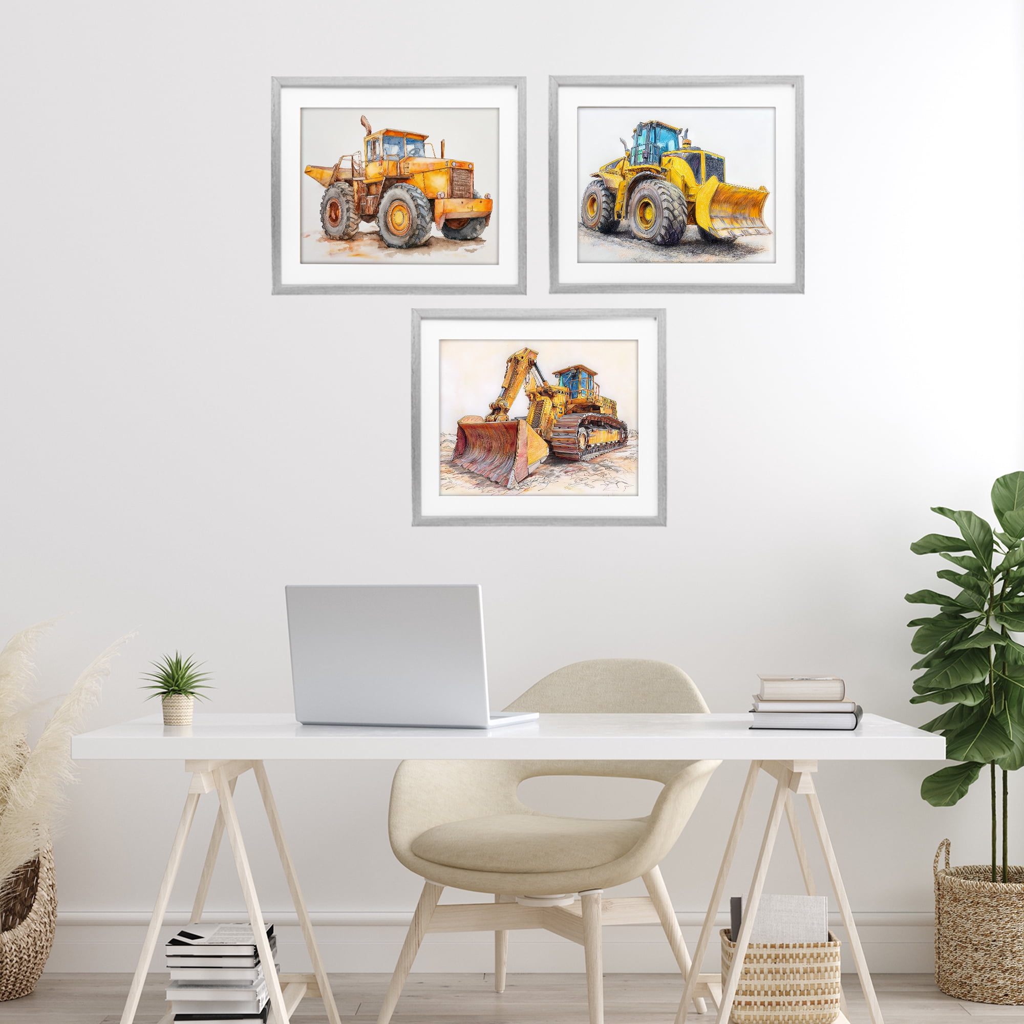 Stupell Industries Various Construction Trio 3 Piece Gray Framed Print Under Glass Set, design by Steve Hunziker