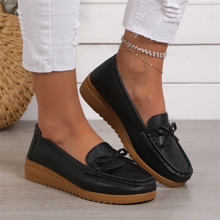 NOKIO Female Dress Shoes Elegant Women'S Slip-Ons Affordable Women'S Flat  Footwear Ladies Fashion Solid Color Breathable Hollow Leather Bow Decorated  Flat Casual Single Shoe - Walmart.com