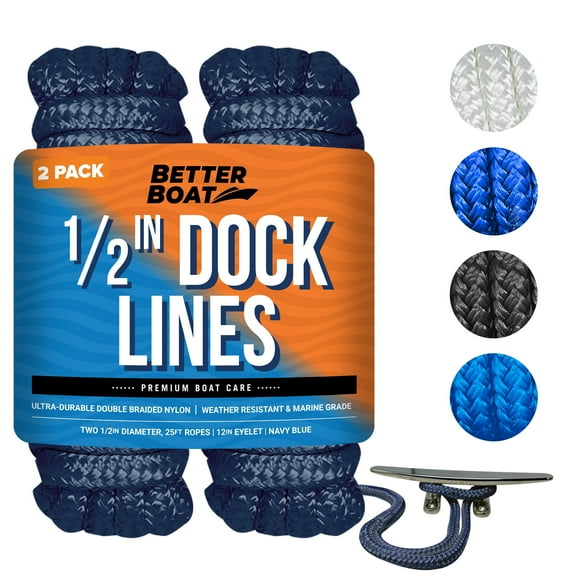 Boat Dock Lines & Rope Boat Ropes for Docking 1/2" Line Braided Mooring Marine Rope 25FT 1/2 Inch Nylon Rope Boat Dock Lines for Docking Boat Lines Boating Rope Braided with Loop Navy Blue 2 Pk