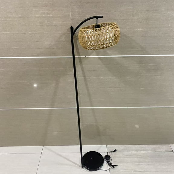 Effortair Floor lamps,Arc Floor Lamp with Remote Control, Dimmable LED with 3 Color Temperature, Black Standing Rattan & Fabric Double Drum Shade, Farmhouse Tall Pole Lamp for Living Room Bedroom (Bl