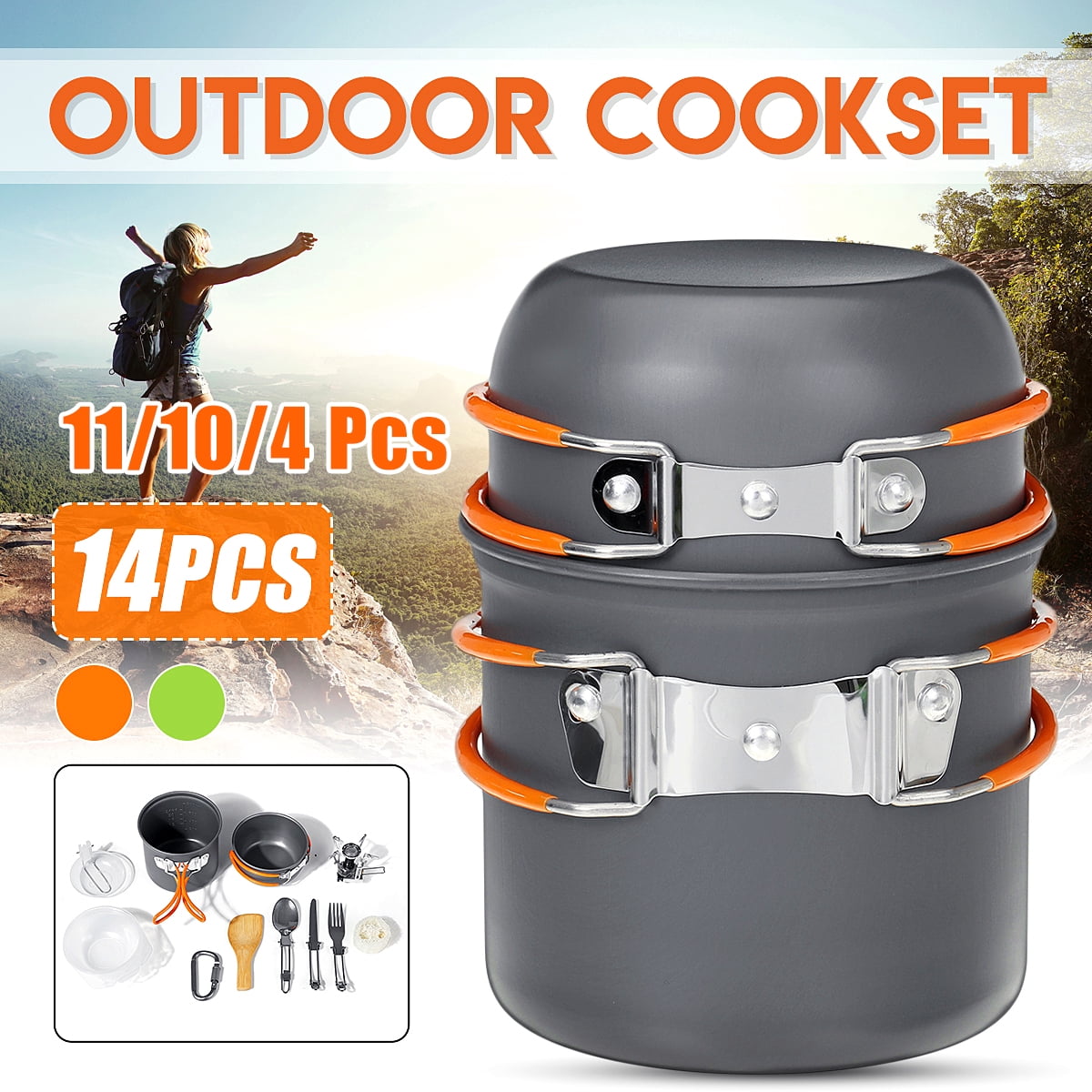 Odoland Bundle 2 Items Portable LED Camping Lantern with Ceiling Fan and 16pcs Camping Cookware Mess Kit with Mini Stove 