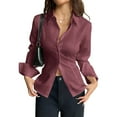 thumbnail image 2 of YanHoo Button Down Shirts for Women Wrinkle Free Long Sleeve Collared Dress Blouses Lace Up Back Casual Work Office Tunic Tops Wine,XS, 2 of 5