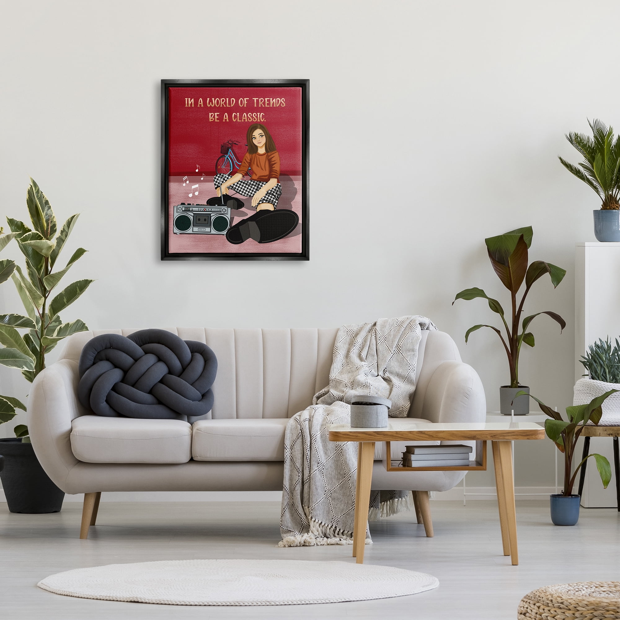 Stupell Industries Motivational Girl with Boombox Abstract Painting Black Floater Framed Canvas Art Print Wall Art, 25 x 31