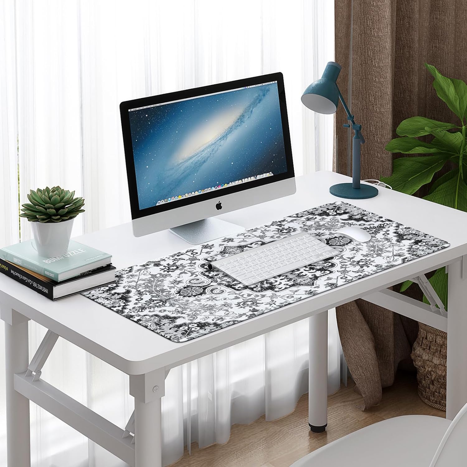 Desk Mat, Boho Large Mouse Pad for Desk, XXL Extended Keyboard Pad Gaming Mouse Pad Office Desk Accessories for Women Desk Organizers, Floral Gray