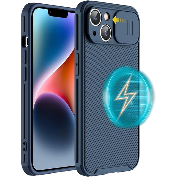 for iPhone 15 Case Compatible with Magsafe, iPhone 15 Camera Protection Case [Support Wireless Charging] with Slide Lens Cover,Slim Magnetic Case for iPhone 15 6.1" Blue