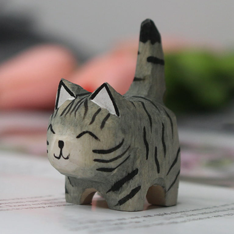 Lovely Small Carved Wooden Cat Figurine, 1.4 DIY Handmade Wood Kitten  Unique Art Carving Work for Decoration Collectible Figurines