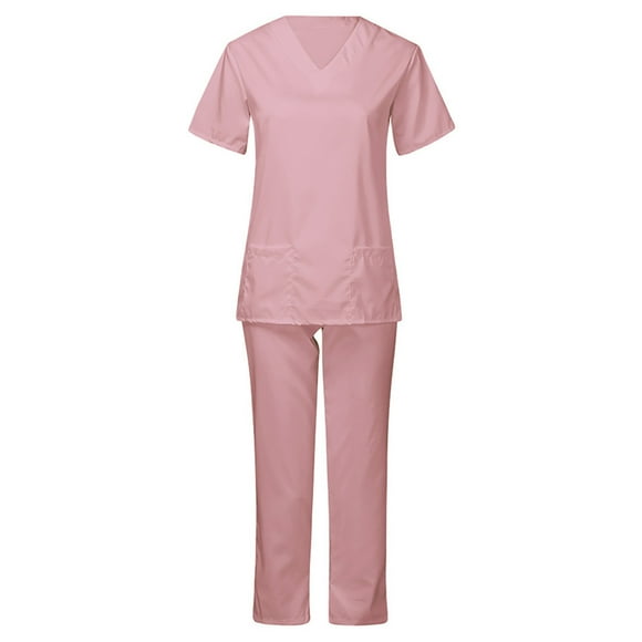 UPPADA Scrubs for Women Set,Stretch Slim Fit V-Neck Scrub Top & Drawstring Jogger Pant Nursing Uniforms Scrubs Sets Breathable Medical Workwear Set Pink,L