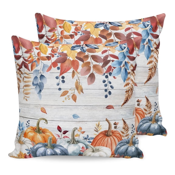 Pillow Covers 16x16 Set of 2, Fall Blue Pumpkins Throw Pillow Covers Decorative Couch Cushion Cover, Thanksgiving Eucalyptus Farm Wooden Plank Microfiber Soft Pillowcases for Bedroom Living Room Sofa