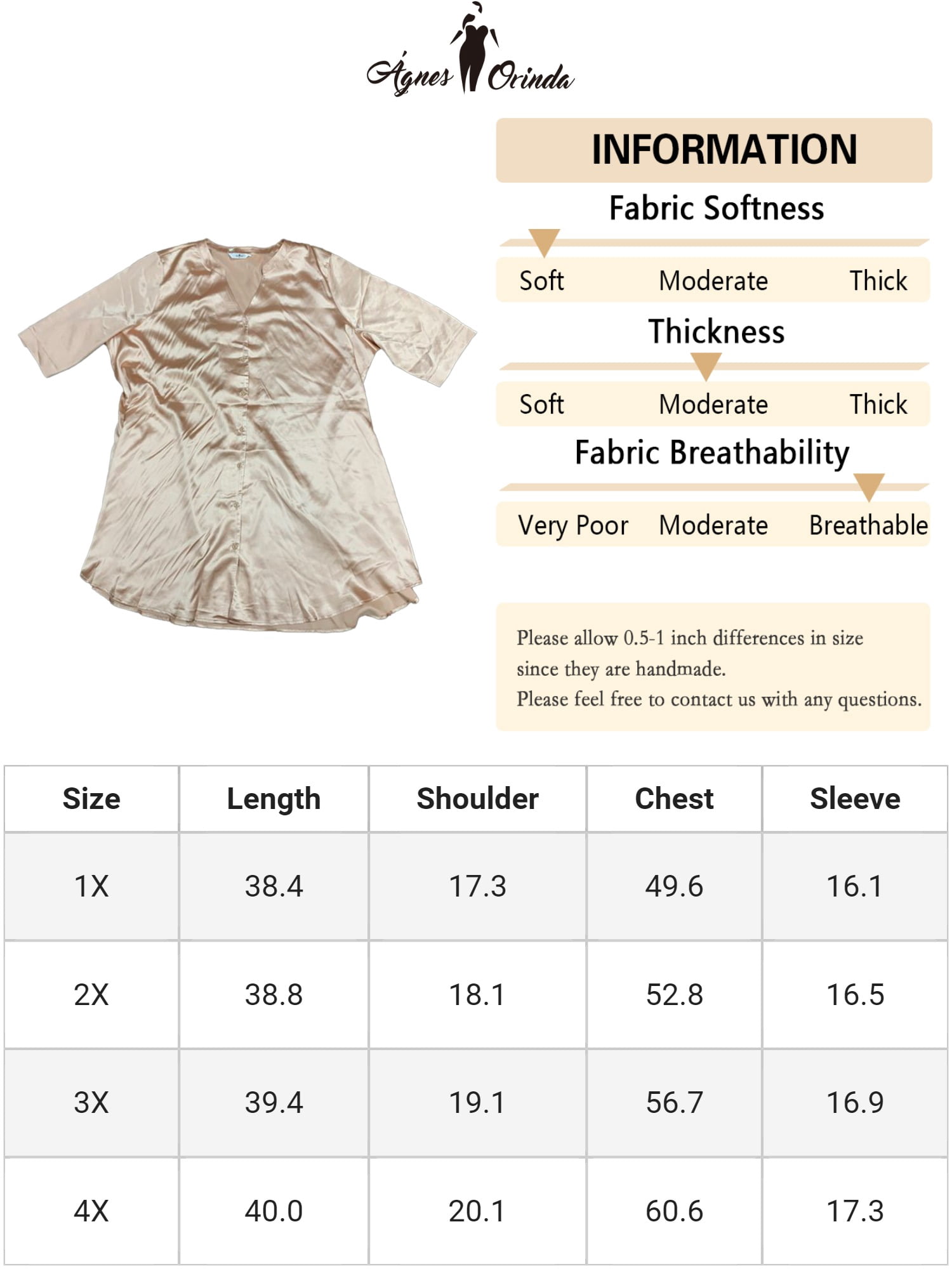 DARING DIVA Women's Plus Nightshirt Satin Button Down 3/4 Sleeve Nightgown 1X Champagne