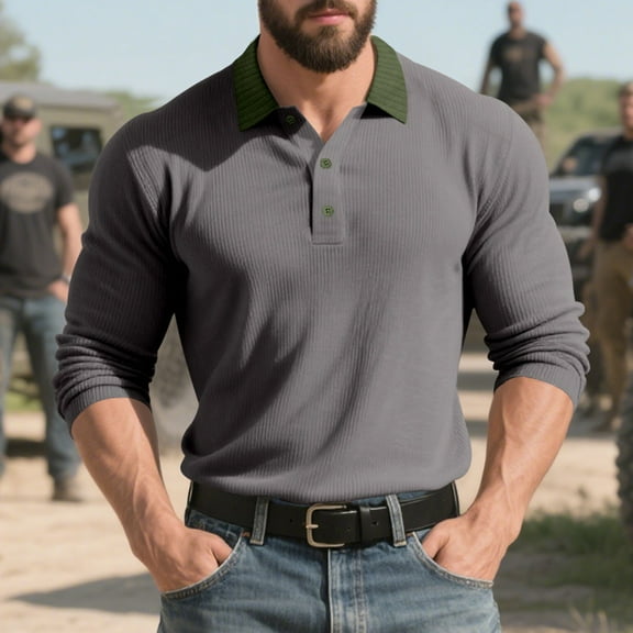 COSFO Gray Mens Tshirts Long Sleeve Ribbed Knit Casual Basic Tops Button Collared Pullover Slim Fit Classic T-Shirt