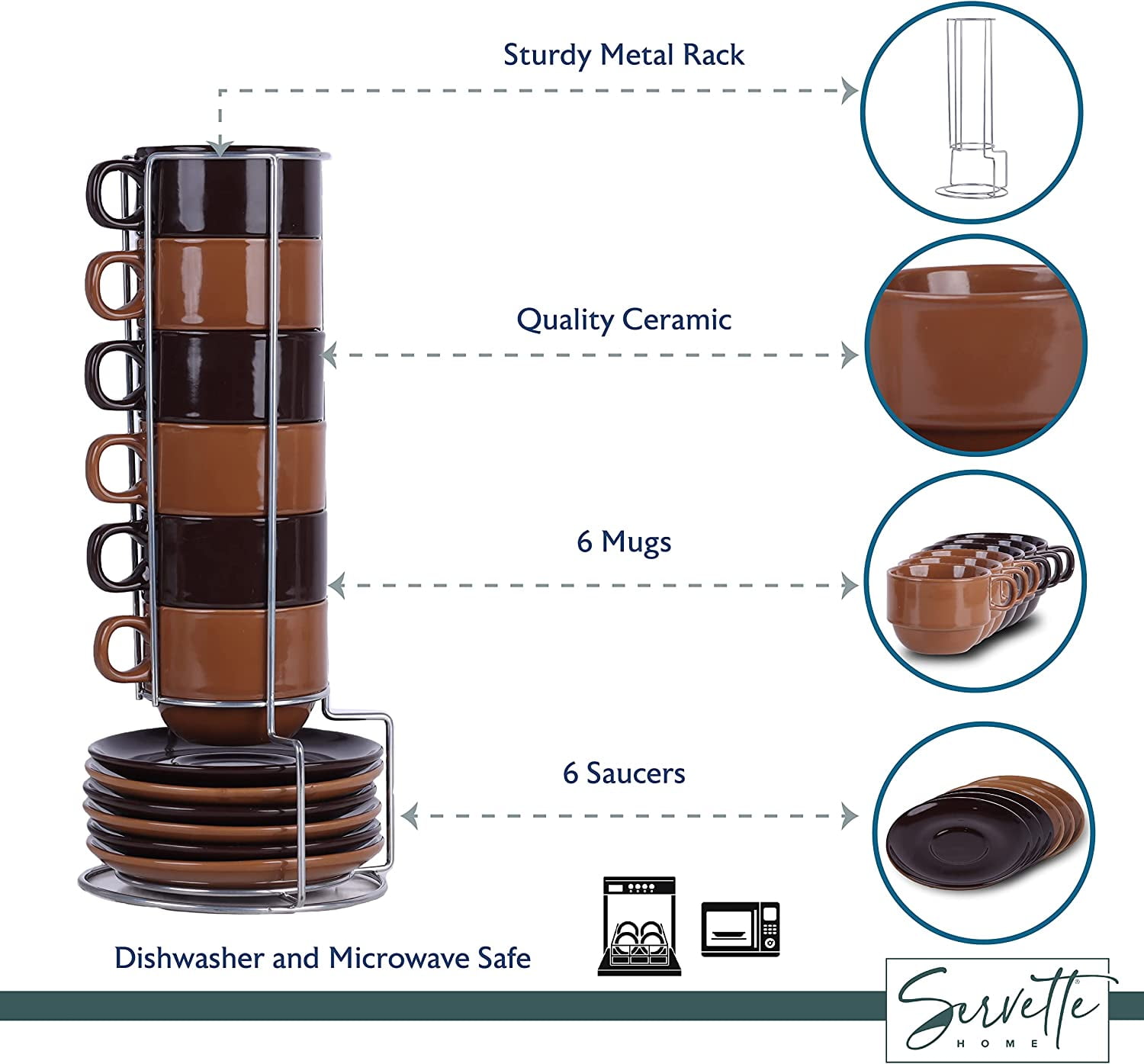 Servette Home Ceramic Stackable 5oz Espresso Coffee Cups with Saucers and Stand-Set of 6 (Brown Tan)