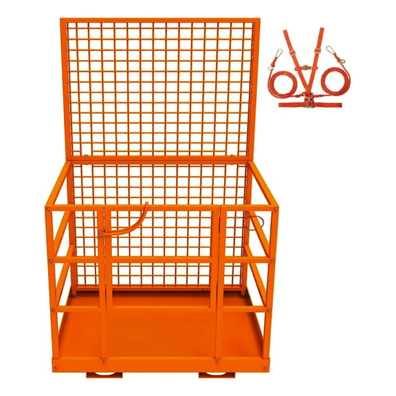 Pinypikaka Forklift Safety Cage, 43"x45" Forklift Man Basket, 1800lbs Capacity Forklift Work Platform with Safety Harness & Lock, Forklift Aerial Platform Collapsible Lift Basket for Lifting Loader