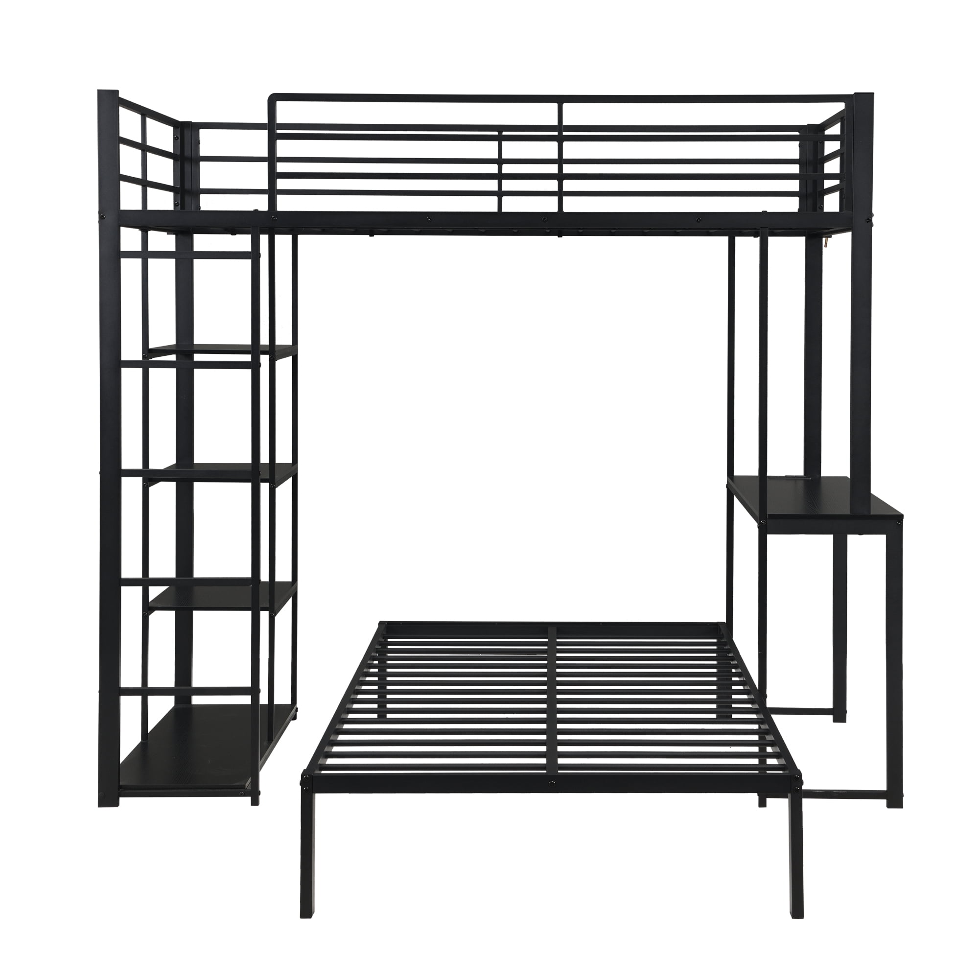 Leumius Twin over Twin Metal Loft Bed Frame with LED Light Strip, Side Storage Shelves & Built-in Desk, Metal Bunk Bed for Dorm Apartment Guest Room