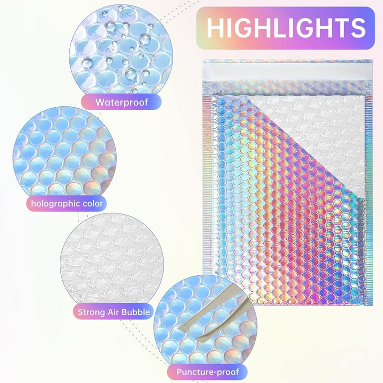 50 Pcs Metallic Bubble Mailers - Holographic Self Seal Shipping Envelopes For Small Business