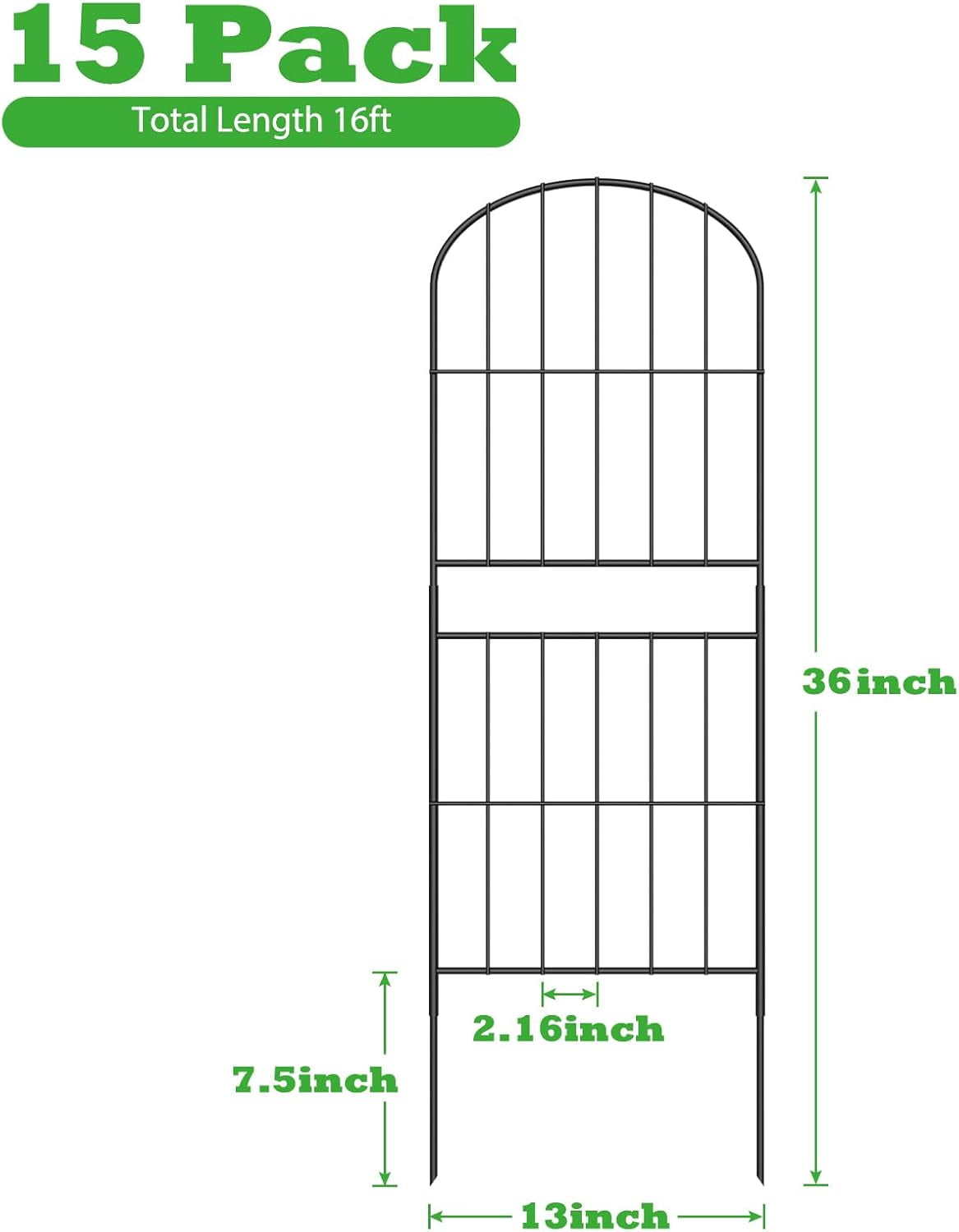 Decorative Garden Fence Panels, 15 Pack Rustproof Metal Wire Border, 36in H x 16ft L Arched Animal Barrier for Yard, Patio, and Flower Bed Edging