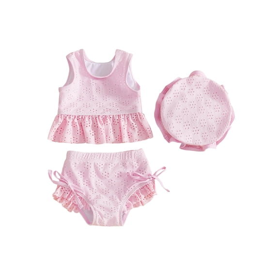 BemeyourBBs Toddler Baby Girl 3 Piece Swimsuit Set Summer Beach Swimwear Infant Bathing Suit Sleeveless Eyelet Ruffle Bikini Tops Bottoms and Sun Hat