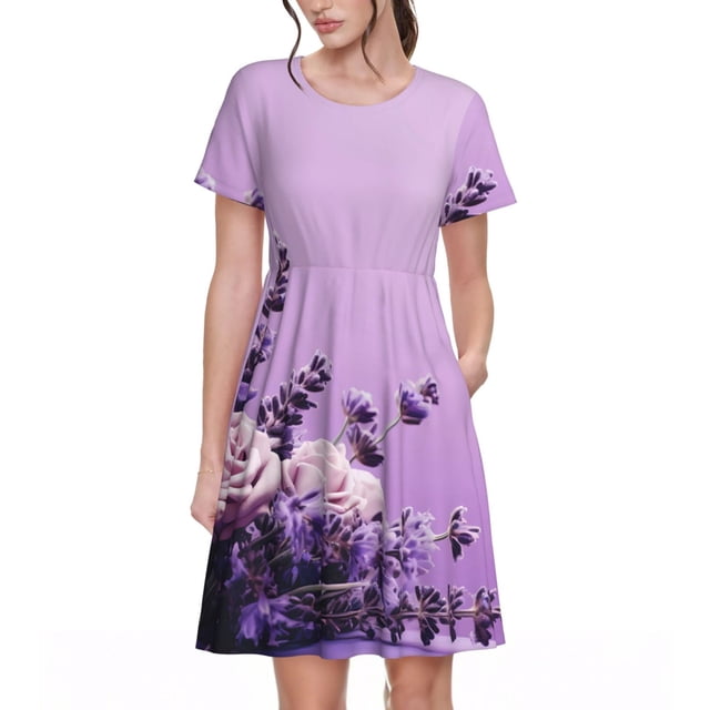 Fotbe Lavender Roses Arrangement Vestido Largo de Moda para Mujer, Vestido Tipo Camiseta con Manga Corta y Estilo Casual a Rayas y Bloques de Color