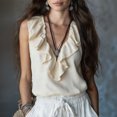 thumbnail image 2 of UDAUDU Womens Crop Tank Tops Sleeveless Ruffle Hem V Neck Shirts Casual Going Out Beach Vacation Blouses Beige L, 2 of 3