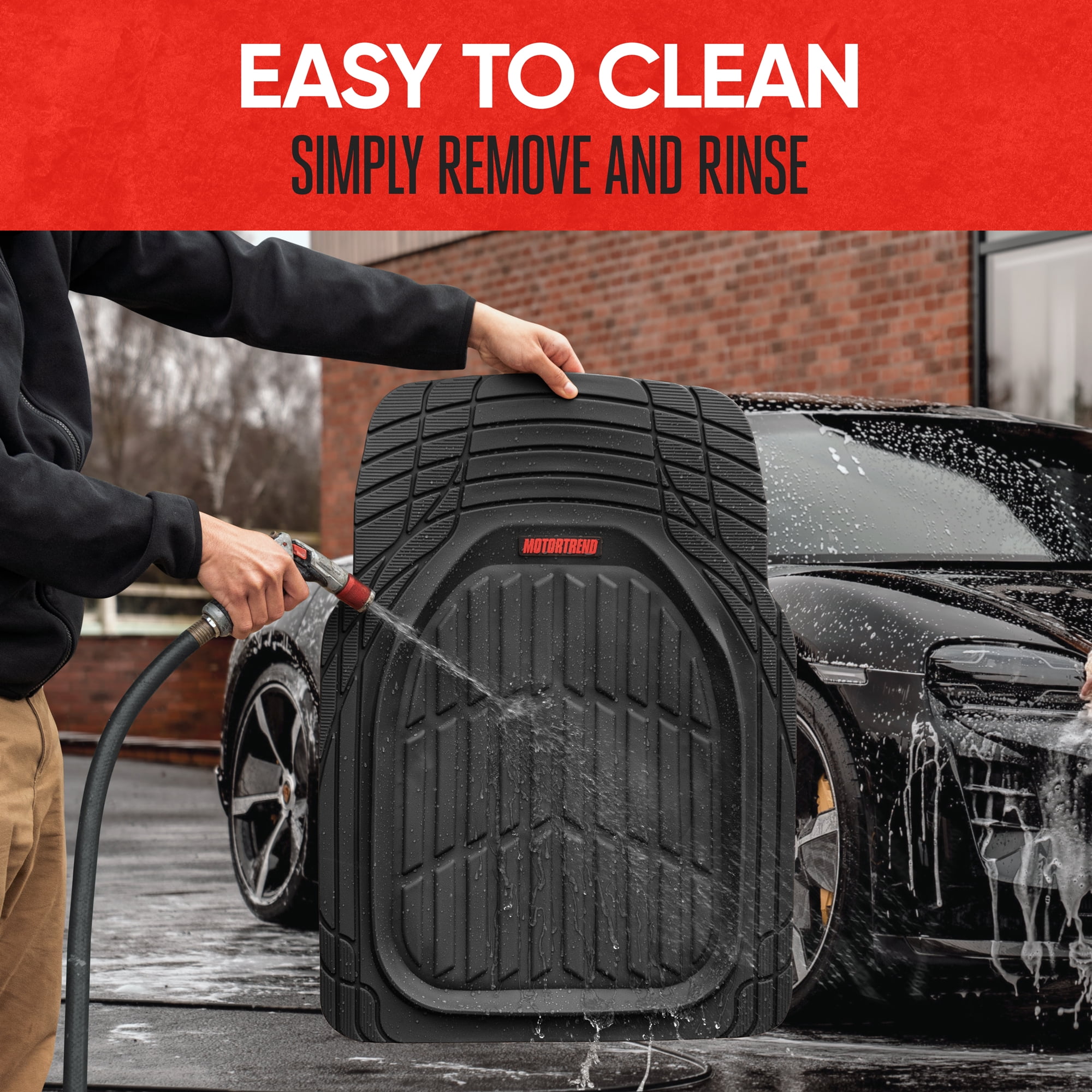 MotorTrend FlexTough Tortoise, Heavy-Duty Rubber Floor Mats for All Weather Protection, Deep Dish, Black