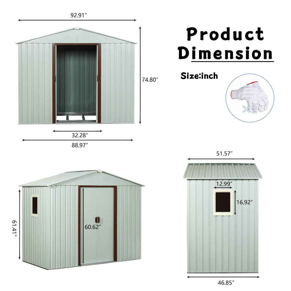 8x4 FT White Metal Storage Shed, Galvanized Steel with Ventilation Window for Garden & Outdoor Equipment Storage