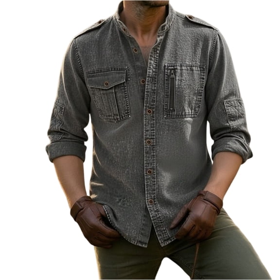 longantii Men's Shirt Fashion Distressed Denim Lapel T Shirts Comfortable Long-Sleeve Button Down Tees 2026 Summer Workwear Tops with Pockets Dark Gray XL