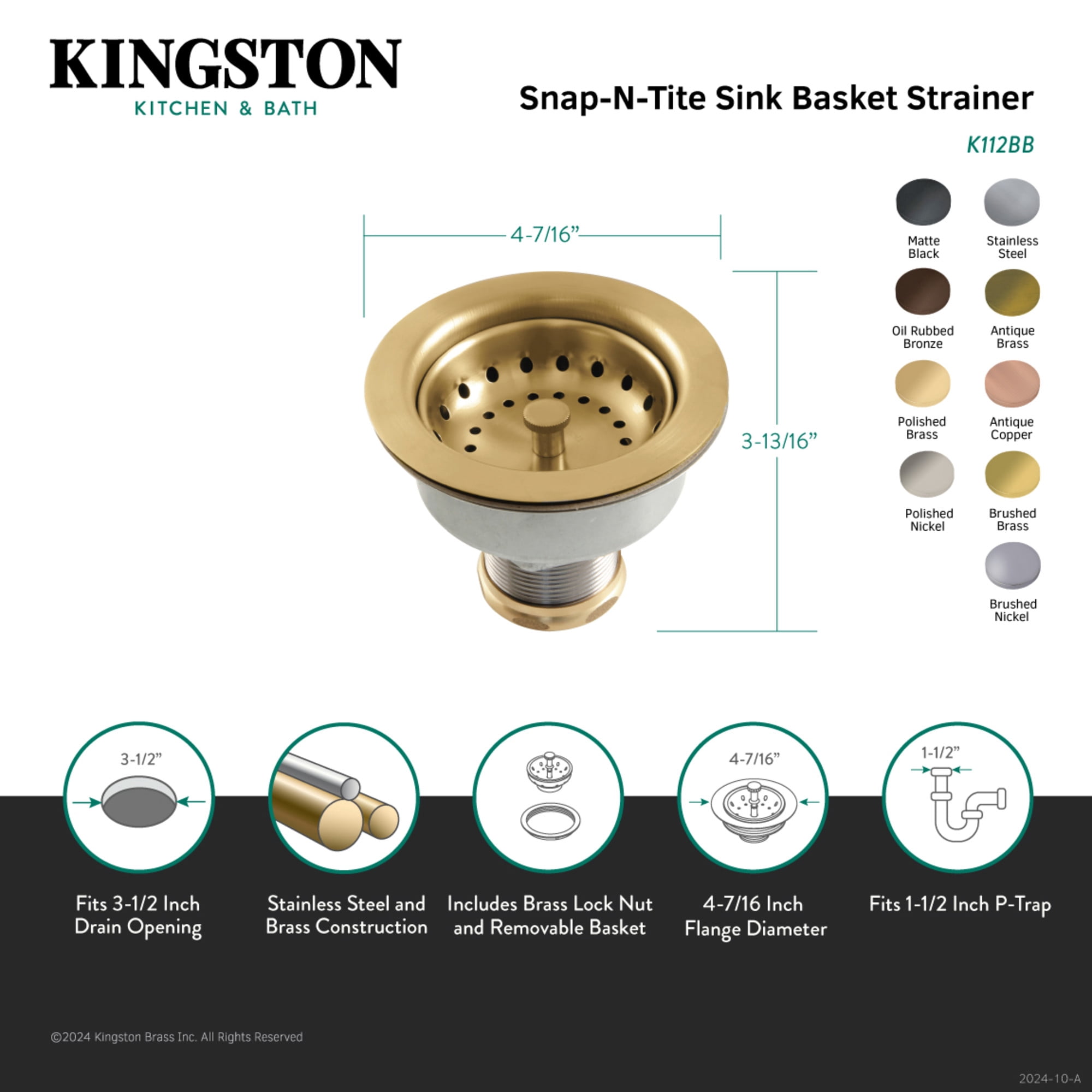 Kingston Brass K112BB Tacoma Kithchen Sink Basket Strainer in Brushed Brass