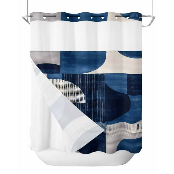 No Hook Shower Curtains with Snap in Liner, Vintage Blue Geometric Waterproof Fabric Shower Curtain, White Black Blue Abstract Double Layers & See-Through Top Window Bathroom Curtains 72''x72''