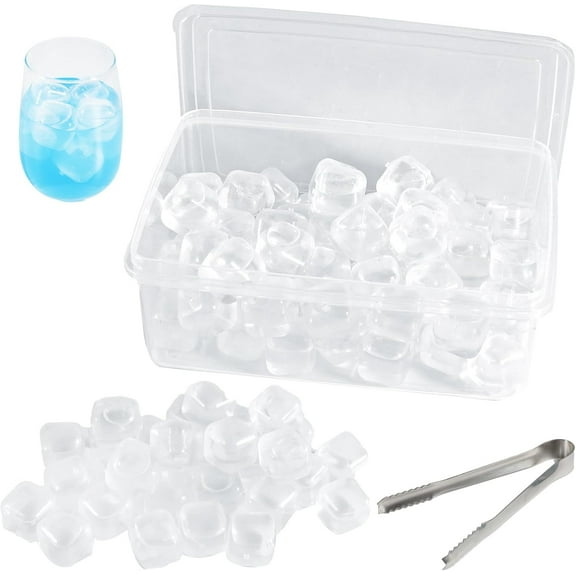 60 Pack Reusable White Plastic Square Ice Cubes, Filled with Purified Water, Includes 60 Pcs Reusable Ice Cubes, Transparent Box, Clip