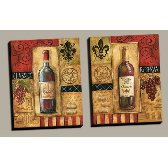 Italian-inspired Classic Tuscan Wine Collage Prints; Two 16x20 Hand-Stretched Canvases. Red/Black/Gold