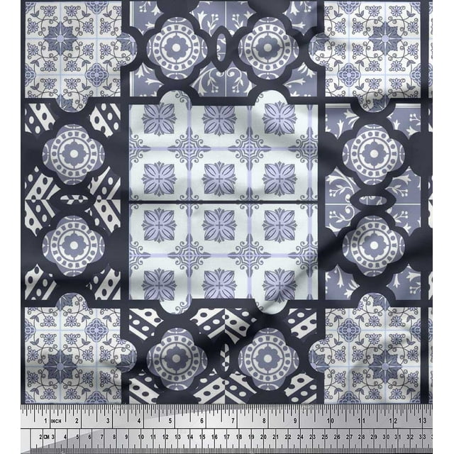 Soimoi Crepe Silk Fabric Check & Quatrefoil Patchwork Print Fabric by the Yard 42 Inch Wide