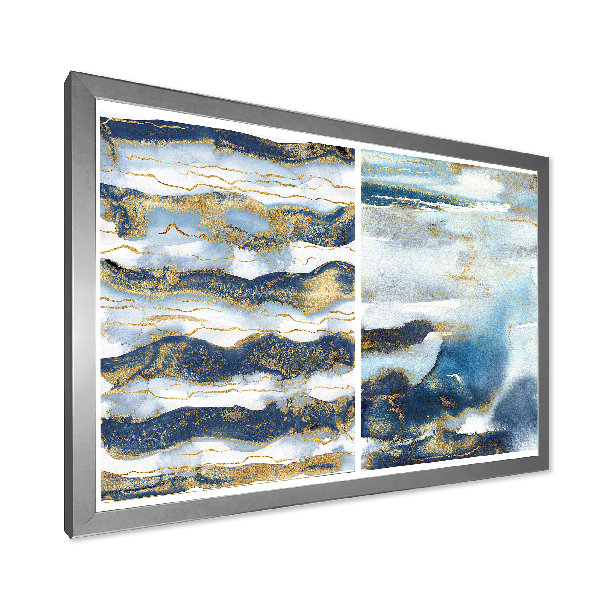 Designart 'Gold and Dark Blue Abstract Waves II' Modern Framed Art Print
