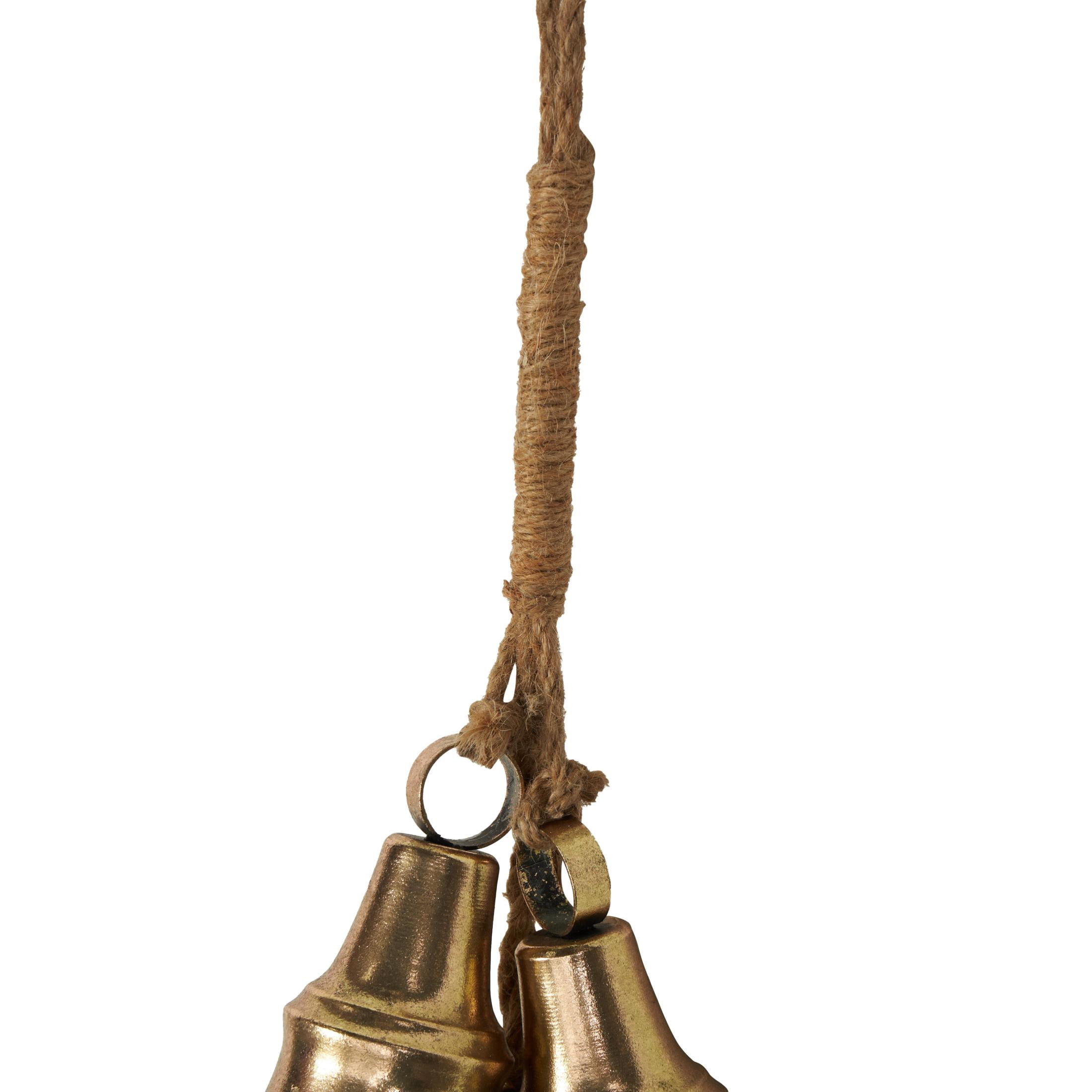DecMode Tibetan Inspired Cascading Cluster Gold Metal Cluster Decorative Bells with 5 Bells on Jute Hanging Rope