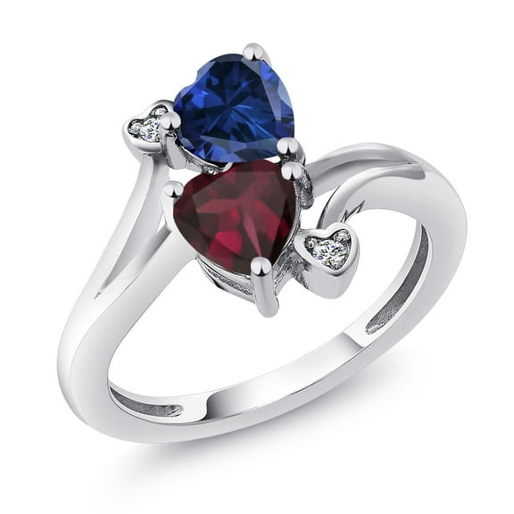 Gem Stone King 925 Sterling Silver Blue Created Sapphire Red Rhodolite Garnet and White Moissanite Ring for Women (1.55 Cttw, Heart Shape 6MM, Gemstone September Birthstone, Size 5)