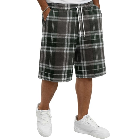 Delconic Men Retro Tartan Plaid Quick Dry Knee Length Casual Shorts Elastic Drawstring Waist Side Pockets Loose Fit Short Pants For Summer Beach Gym Hiking Daily Black L