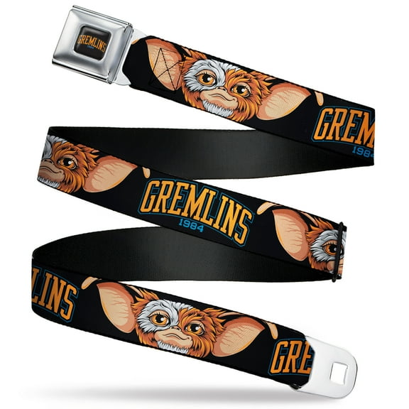 Warner Bros. Horror Movies Belt, Seatbelt Buckle Belt, Gremlins 1984 Gizmo Face Close Up Black, 30 to 44 Inches