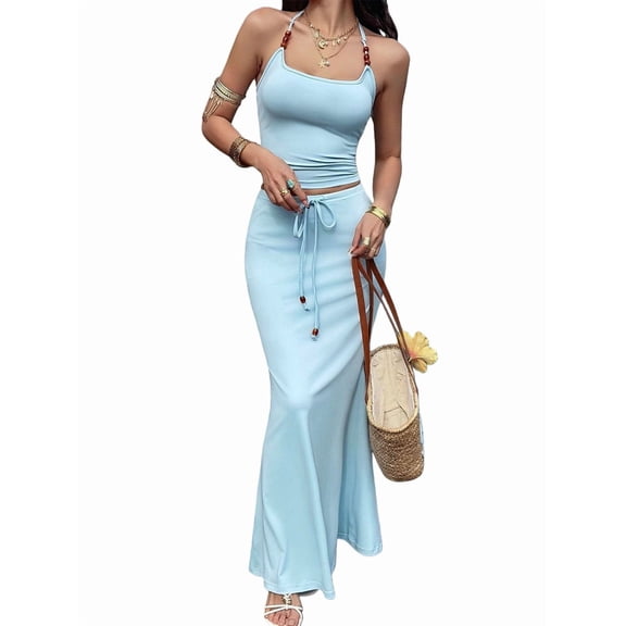 Womens Y2K Knit Halter Neck Beaded Skirt Set Retro Two Piece Outfit for Party Casual Streetwear Blue M