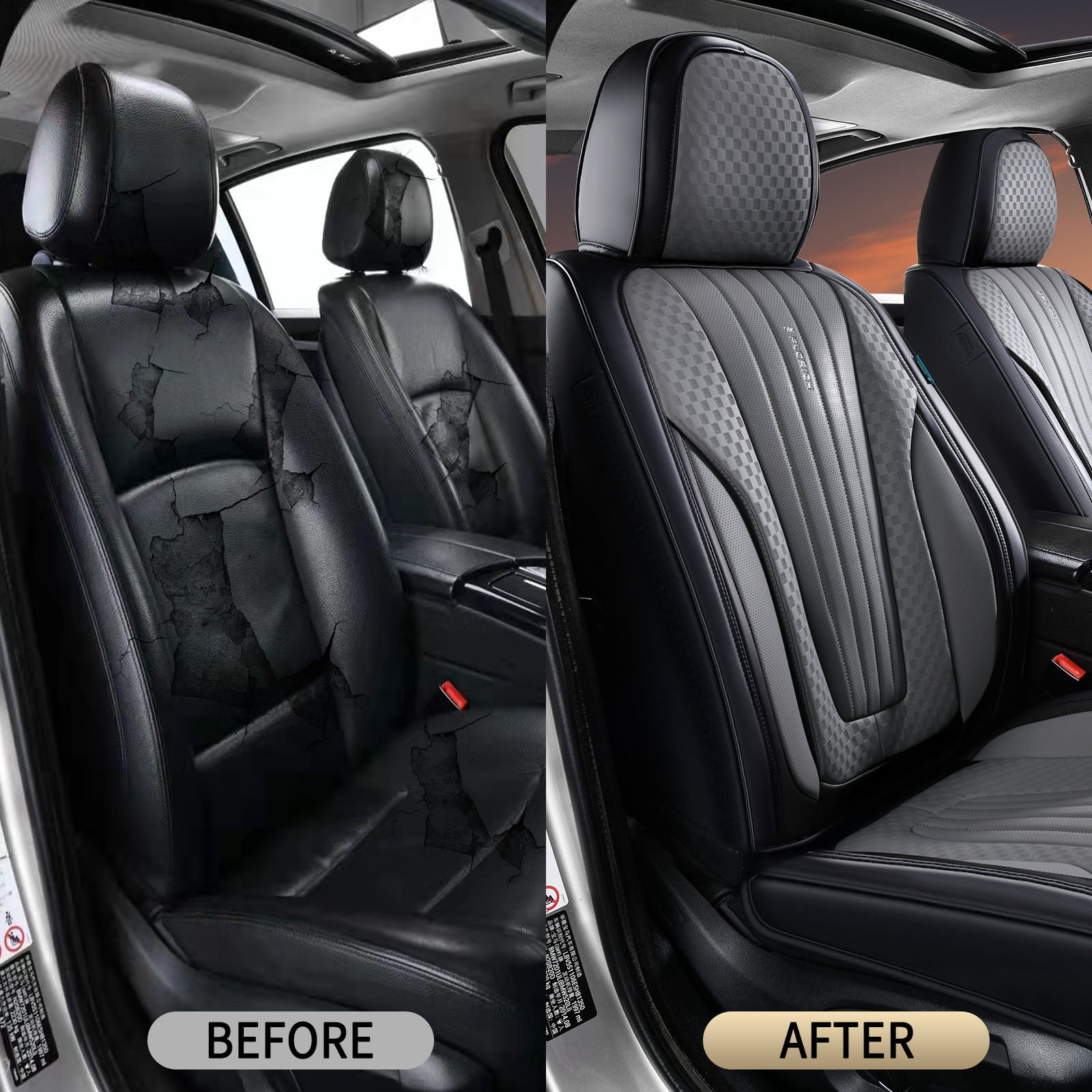 FLORICH Car Seat Covers, 5 Seats Waterproof Faux Leather Seat Cushions, Auto Protectors Universal Fit Most Cars, Black&Gray