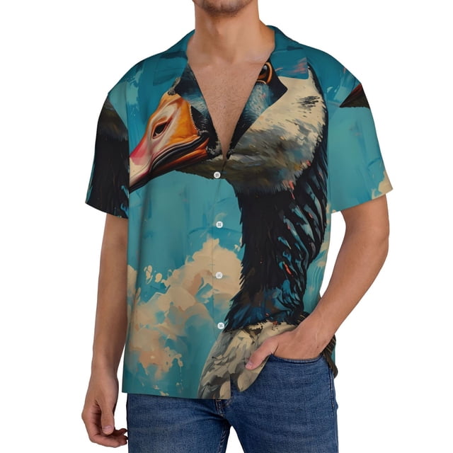 Fotbe Blue Watercolor Duck Camisa Estampada de Manga Corta para Hombre, Casual de Verano, Estilo Playero, Sin Arrugas-Large